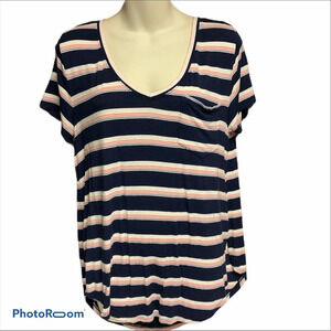 Hollister Navy and Pink Striped Short Sleeve Tee